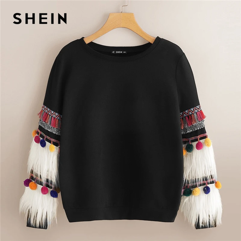 

SHEIN Black Faux Fur Fringe Contrast Tassel Pom Pom Round Neck Pullover Autumn Women Streetwear Campus Pullovers Sweatshirt