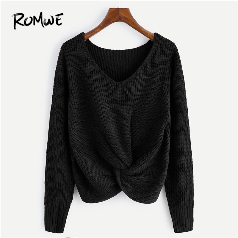 ROMWE Black V-Neckline Twist Front Sweater Women Casual Autumn Plain Long Sleeve Clothing Female Spring Pullovers Sweater
ROMWE Black V-Neckline Twist Front Sweater Women Casual Autumn Plain Long Sleeve Clothing Female Spring Pullovers Sweater