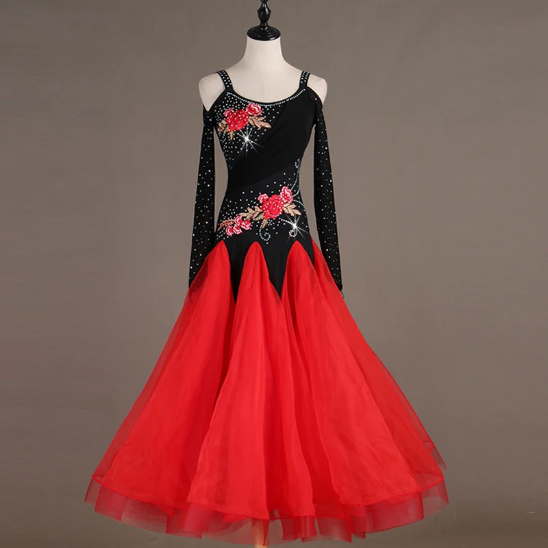Платья для бальных танцев с длинным рукавом юбка foxtrot женское красное платье