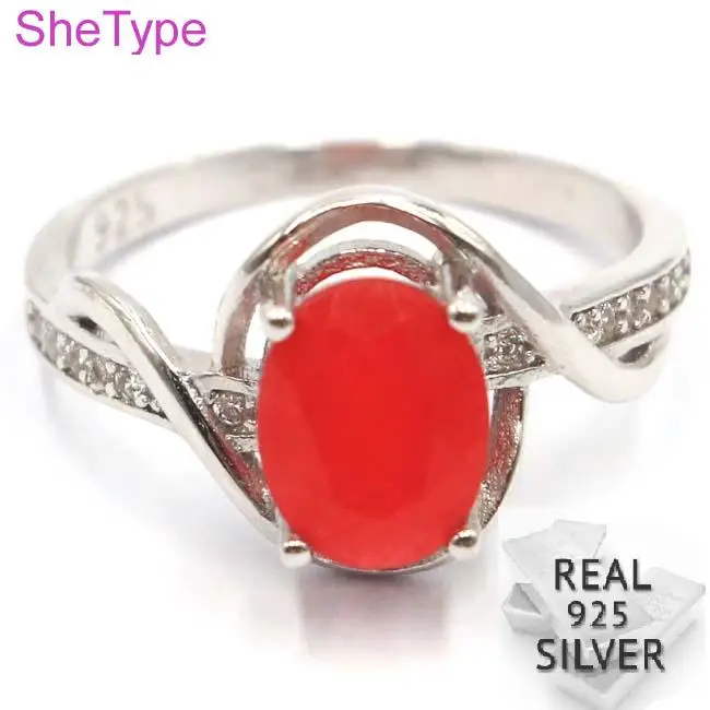 

US size 9# SheType 2.83g Real Red Ruby White CZ Gift For Ladies 925 Solid Sterling Silver Rings 21x12mm