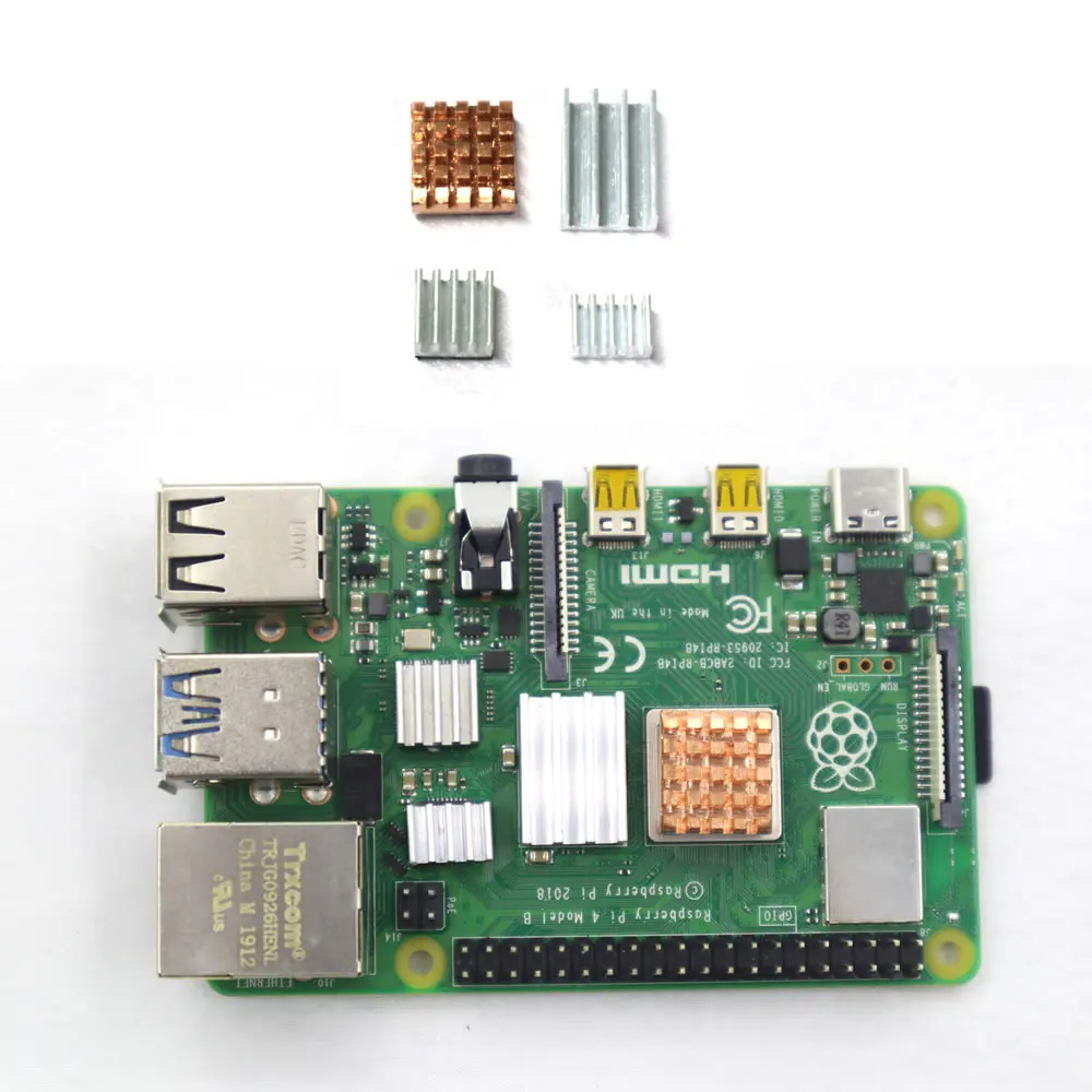 1 set 4pcs Copper Aluminum Heatsink Kit w/Thermal Pad for Raspberry Pi 4 Model B
1 set 4pcs Copper Aluminum Heatsink Kit w/Thermal Pad for Raspberry Pi 4 Model B