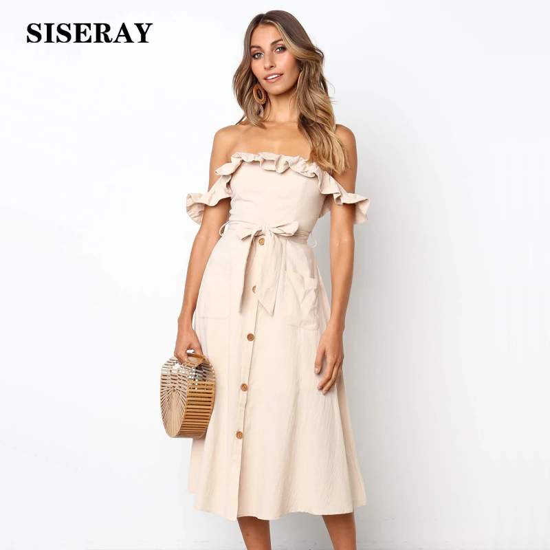 Sexy Off Shoulder With Frill Neckline Button Down Belted Women Midi Dress New 2019 Summer A Line Casual Dress For Lady
Sexy Off Shoulder With Frill Neckline Button Down Belted Women Midi Dress New 2019 Summer A Line Casual Dress For Lady