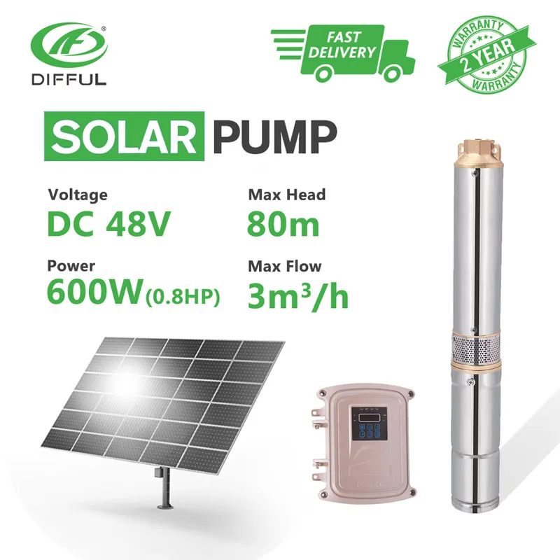 

3" DC Submersible Solar Water Pump 48V 600W MPPT Controller Plastic Impeller Bore Hole Irrigation Kits (Head 80m, Flow 3T/H)