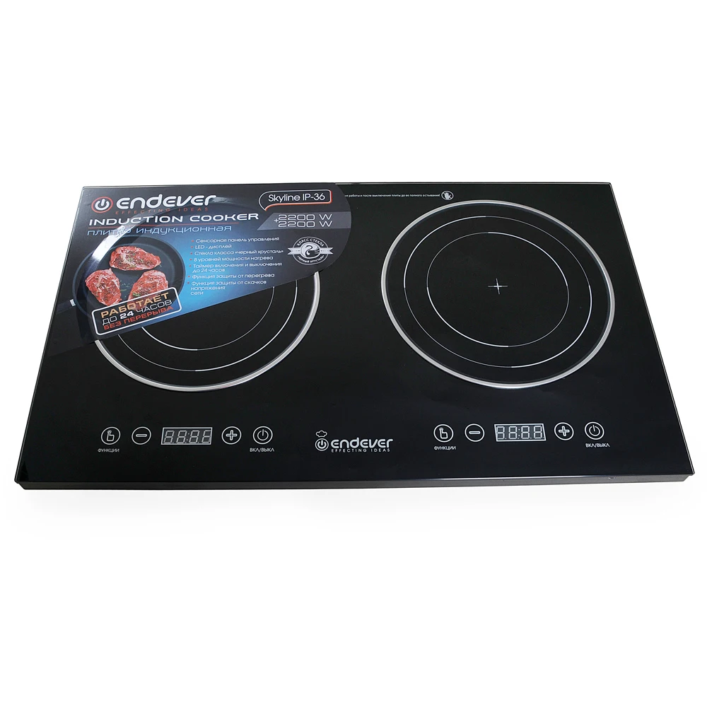 Индукционная электрическая плита Endever Skyline IP-36 80422 (Мощность 2200 Вт, 2 варочные панели, поверхность - Стекло класса «черный хрусталь», Сенсорная панель управления)