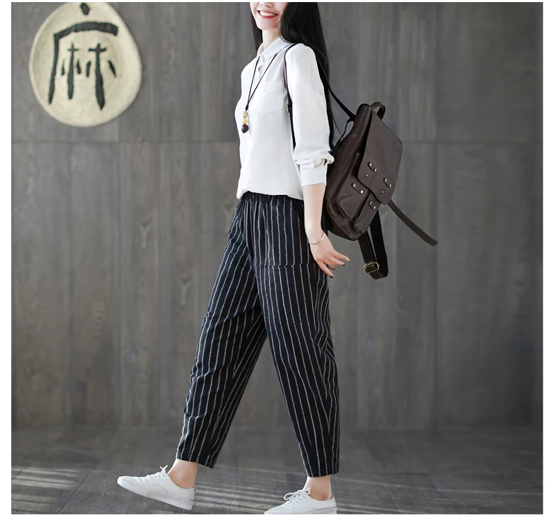 Obrix Hemp Loose Spring Stripped Pants Office Lady Elastic Waist Asian Style Calf Length Formal Streetwear Pants For Women
Obrix Hemp Loose Spring Stripped Pants Office Lady Elastic Waist Asian Style Calf Length Formal Streetwear Pants For Women