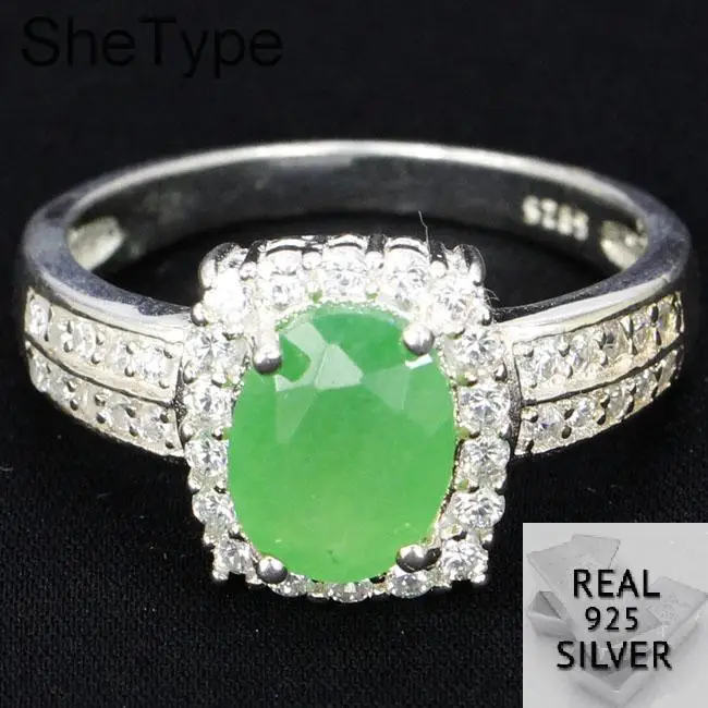 

SheType 4.1g Elegant Real Green Emerald White CZ Gift For Ladies 925 Solid Sterling Silver Rings 21x12mm
