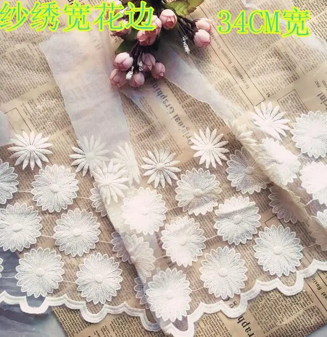 

2 Meters Super Wide Lace Fabric 34CM Width High Quality Ivory Flower Organza Lace Mesh Trims Dress Accessories Free Shipping