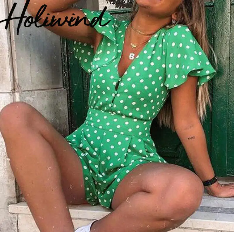 2019 Summer Women Short Sleeves Green Polka Dots Playsuits V-neck Flare Sleeves Rompers Dots Jumpsuits
2019 Summer Women Short Sleeves Green Polka Dots Playsuits V-neck Flare Sleeves Rompers Dots Jumpsuits