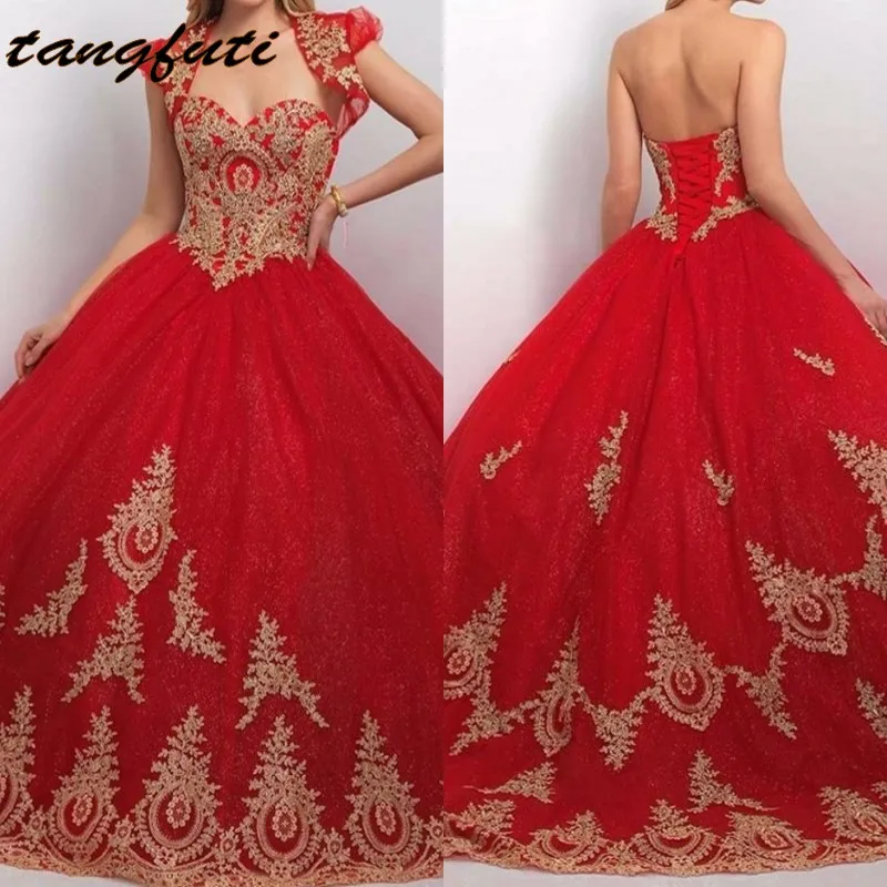 Red Princess Ball Gown Quinceanera Dresses With Jacket 15 Years Tulle Lace Appliques Prom Party Debutante Sweet 16 Dress | Свадьбы и
