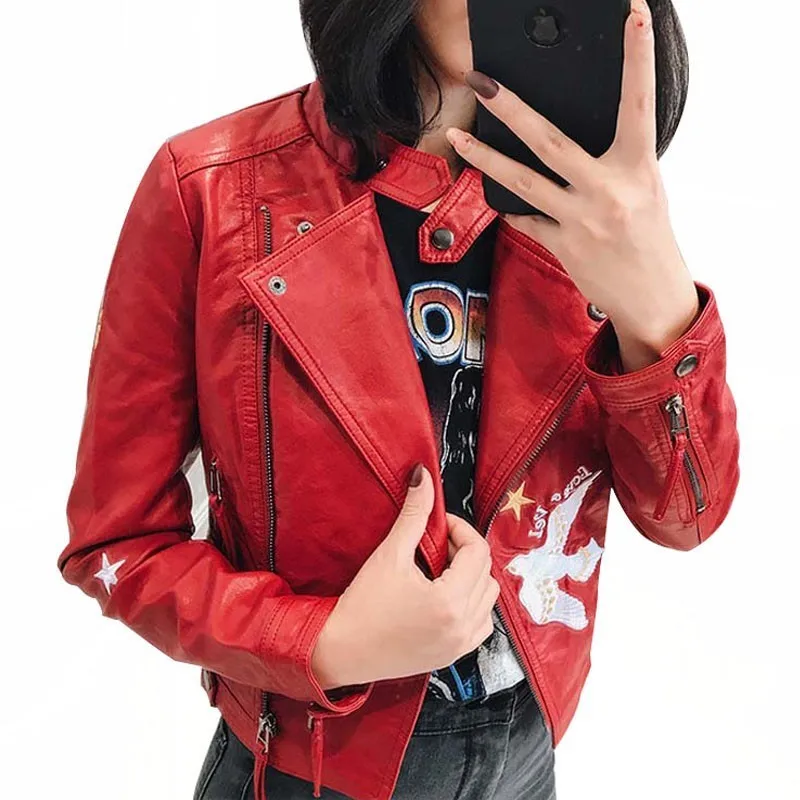 Faux Soft Leather Jacket Coat Women Floral Print Embroidery Pu Motorcycle Red Black Jacket Turn-down Collar Punk Outerwear PY17
Faux Soft Leather Jacket Coat Women Floral Print Embroidery Pu Motorcycle Red Black Jacket Turn-down Collar Punk Outerwear PY17