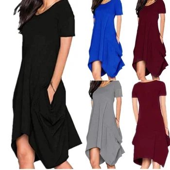 Women Summer Solid Color O-neck Short Sleeves Dress Loose Irregular T-shirt Dresses
Women Summer Solid Color O-neck Short Sleeves Dress Loose Irregular T-shirt Dresses