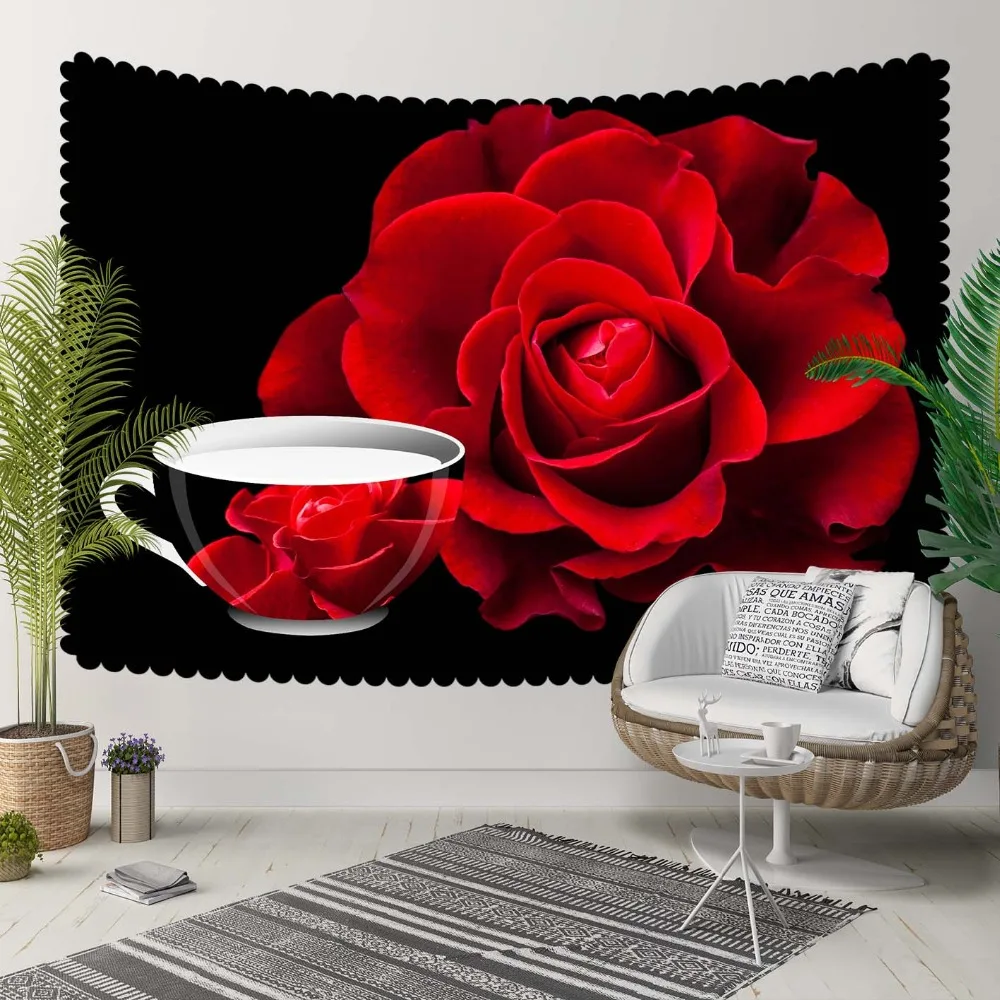 Фото Else Black Floor Red Cup of Tea Roses Flowers Retro 3D Print Decorative Hippi Bohemian Wall Hanging Landscape Tapestry Art | Дом и сад