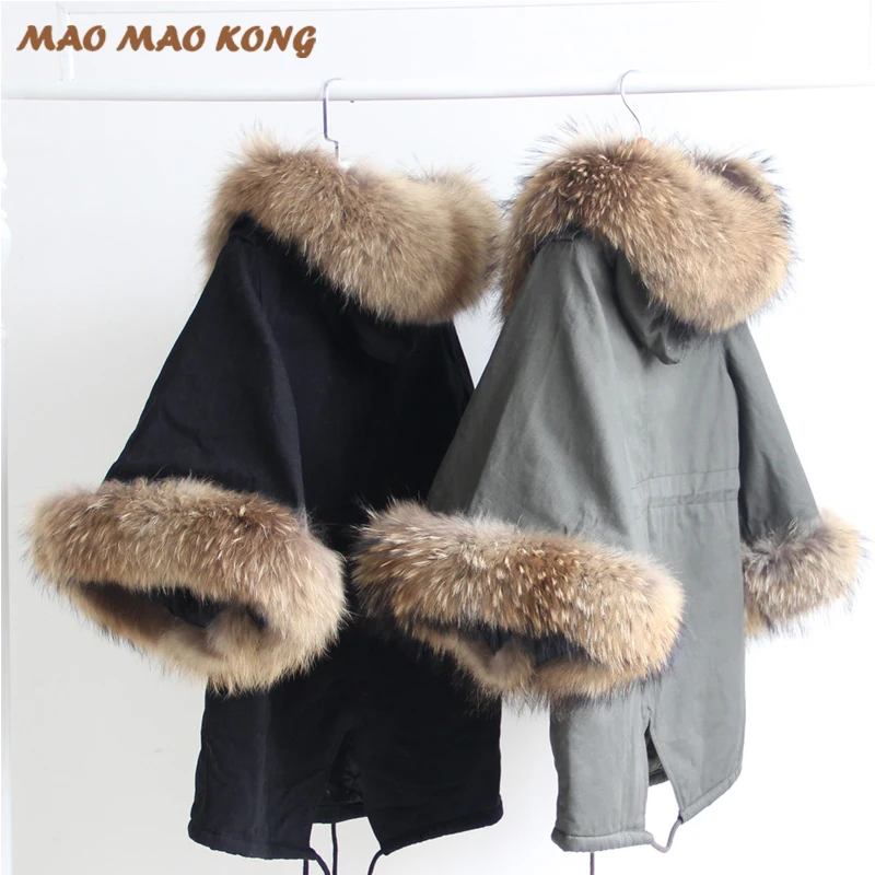 

2017New Women WinterCoat Jacket Raccoon Large Fur Collar Casual Overcoat Flare Sleeve Cloak Cotton-padded Outerwear Top Quality