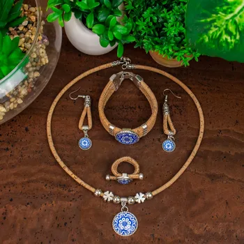 Cork jewelry set from Portugal traditional ceramic tile pattern blue flower original Natural materials wooden jewelry SET-070-1
Cork jewelry set from Portugal traditional ceramic tile pattern blue flower original Natural materials wooden jewelry SET-070-1