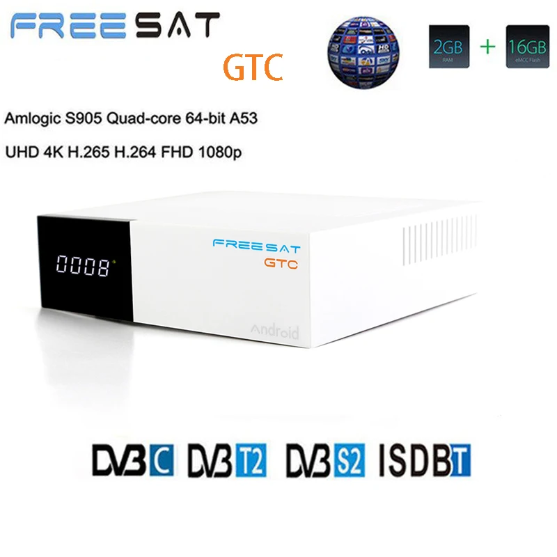 

[Genuine] Freesat GTC Decoder DVB-S2 DVB-C DVB-T2 ISDB-T Amlogic S905D iptv Android 6.0 4k TV BOX 2GB/16GB + 1 year clines gift