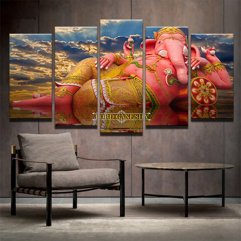Modern Canvas Printed 5 Panel Elephant Trunk God Picture Cuadros Wall Art Painting Home Decor For Living Room Artwork Pictures | Дом и сад