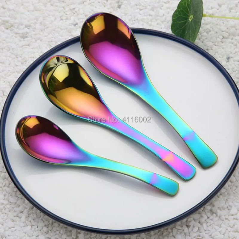 

100pcs Rainbow Color Soup Spoon Stainless Steel Large Long Handled Spoons Kids Spoon For Rice Porridge Noodles