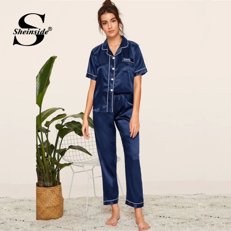Sheinside Casual V Neck Letter Embroidered Satin Pajama Sets Women 2019 Summer Button Up Contrast Short Sleeve Top And Pants Set
Sheinside Casual V Neck Letter Embroidered Satin Pajama Sets Women 2019 Summer Button Up Contrast Short Sleeve Top And Pants Set