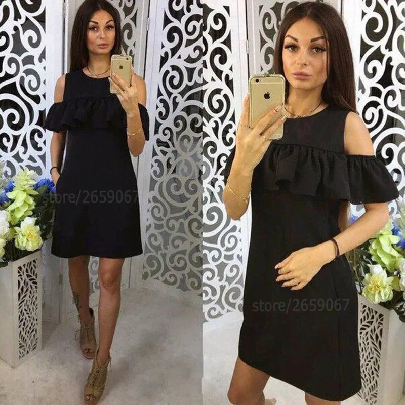 black O Neck Cold Shoulder Ruffle Mini Dresses