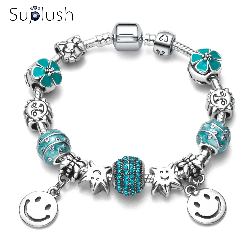 Suplush Fashion Silver Charm Bracelet & Bangle with Blue Crystal Ball Smile Face Charms Beads Bracelet For Women PDBR0012
Suplush Fashion Silver Charm Bracelet & Bangle with Blue Crystal Ball Smile Face Charms Beads Bracelet For Women PDBR0012