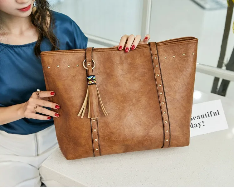 MJ Women Leather Shoulder Bag Female Large PU Leather Handbag Tassel Shopping Tote Big Crossbody Bag Messenger Bags for Women (6)