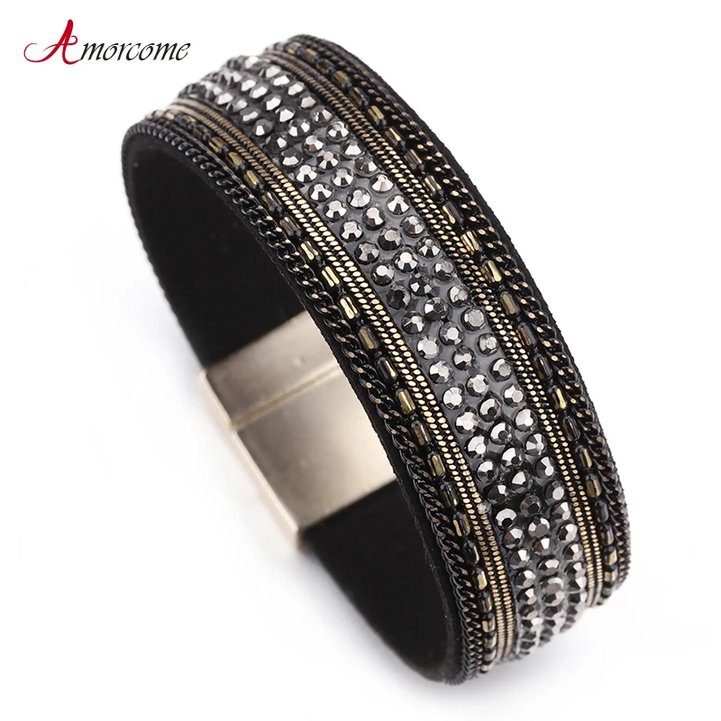 Amorcome Black Leather Bracelet Female Crystal Paved Megnet Clasp Bohemian Style Wide Cuff Bracelets & Bangles For Women Jewelry
Amorcome Black Leather Bracelet Female Crystal Paved Megnet Clasp Bohemian Style Wide Cuff Bracelets & Bangles For Women Jewelry