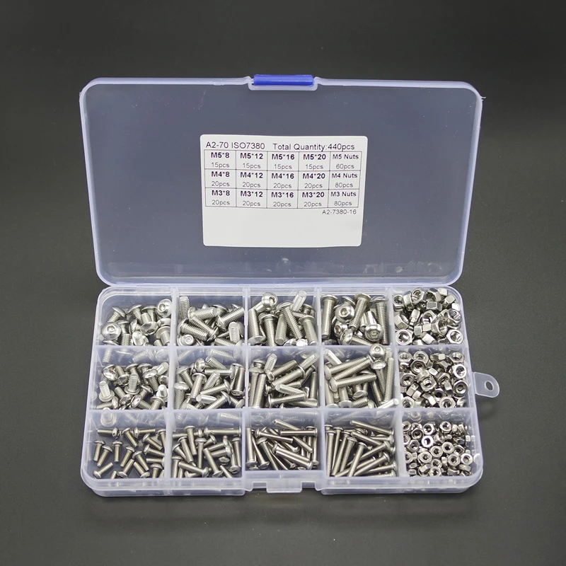 440pcs M3 M4 M5 304 Stainless Steel Hex Socket Button Head Bolts Screws Nuts Kit
440pcs M3 M4 M5 304 Stainless Steel Hex Socket Button Head Bolts Screws Nuts Kit
