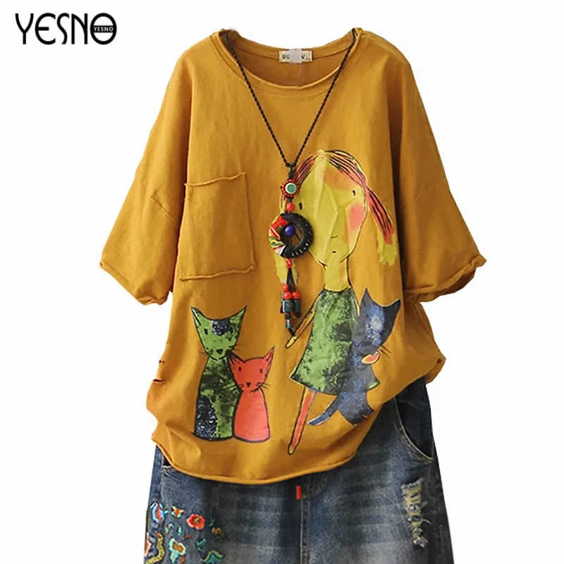 YESNO E78 новые хлопковые футболки Harajuku эстетика свободные топы с мультяшным принтом