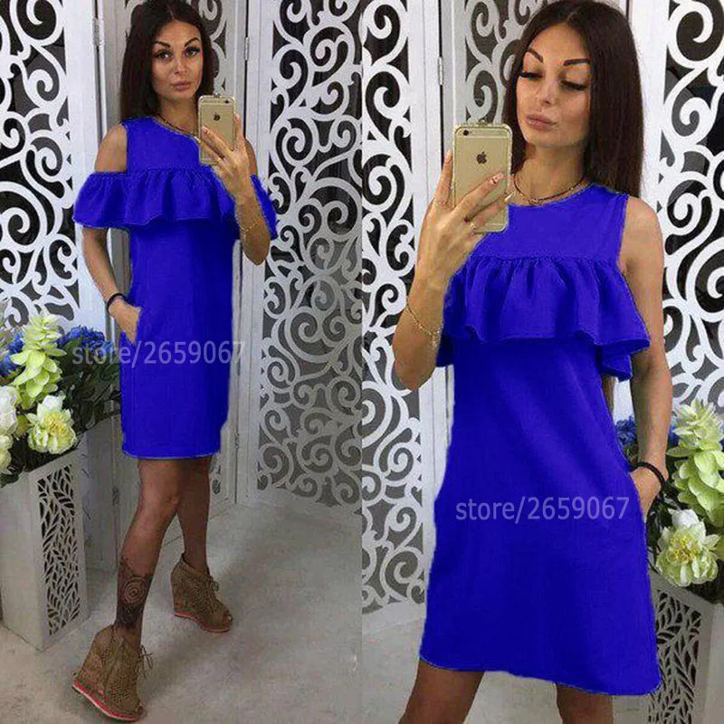 blue O Neck Cold Shoulder Ruffle Mini Dresses
