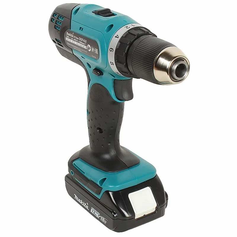 Дрель-шуруповерт аккумуляторная Makita DDF453SYE (Напряжение аккумулятора 18 В, емкость 1,5 А-ч, макс.крутящий момент 42 Нм, 2 скорости 0-400/0-1300 об/мин, Li-ion, 2 аккумулятора, кейс)