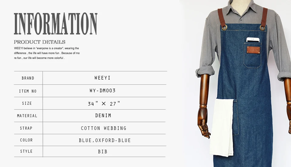 WEEYI Denim Kitchen Cooking Apron with Adjustable Cotton Strap Large Pockets Blue 34x27 Inches for Men and Women Homewear (6)