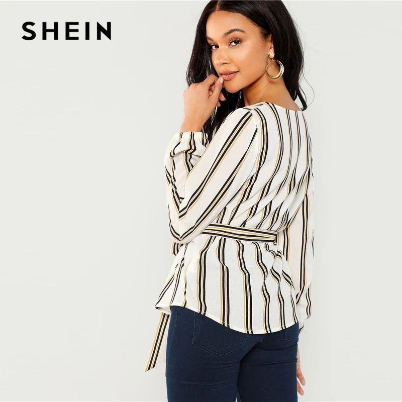 SHEIN белая элегантная офисная блузка в полоску с длинным рукавом и круглым вырезом