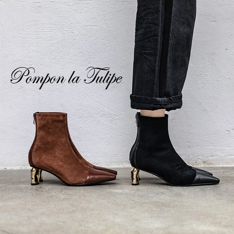 

BHS 9011150 Chic Strange Style Heel 5.5CM Genuine Cow Leather Suede Zipper Pointed Toe Comfy Casual Wear Fashion Women Boots