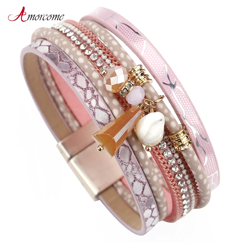 Amorcome Pink Multilayer Leather Bracelet Charm Wrap For Women Natural Stone Beads Rhinestone Bracelets & Bangles Party Jewelry
Amorcome Pink Multilayer Leather Bracelet Charm Wrap For Women Natural Stone Beads Rhinestone Bracelets & Bangles Party Jewelry