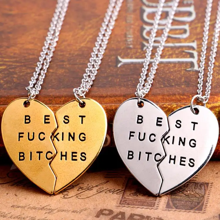 

2018 Hot Sale Broken Heart Necklace Best Bitches Two Halves Spliced Girlfriends Couple Necklace