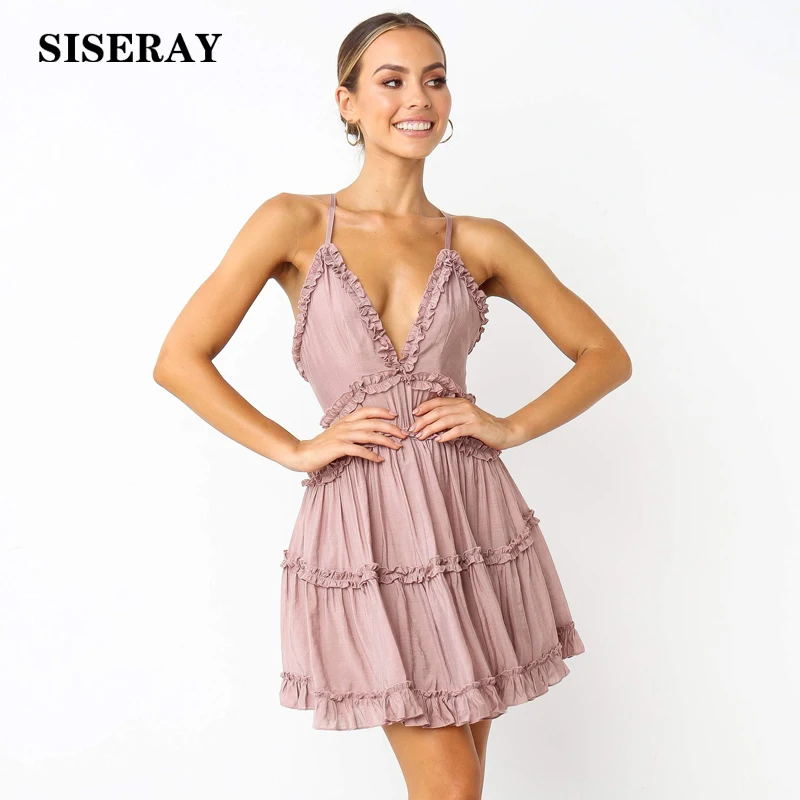 Solid Color Summer Short Dress Women Backless Sexy Strap Ruffled Sundress V Neck Empire A Line Casual Dress Female Beach Dress 
Solid Color Summer Short Dress Women Backless Sexy Strap Ruffled Sundress V Neck Empire A Line Casual Dress Female Beach Dress