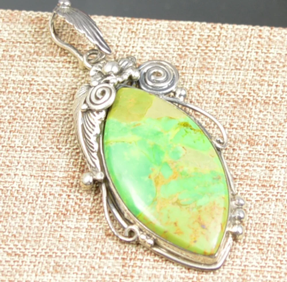 Genuine Green Coper Turquoise Pendant 100% 925 Sterling Silver Jewelry 54 mm AP1878