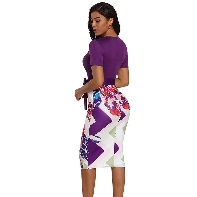 Purple-Bowknot-Short-Sleeve-Printed-Sheath-Dress-LC610096-8-2