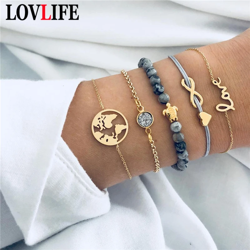5pcs/set Classic Letter Love Heart Luck 8 World Map Turtle Alloy Beads Bracelet Sets Adjustable Open Bracelets Set Women Fashion
5pcs/set Classic Letter Love Heart Luck 8 World Map Turtle Alloy Beads Bracelet Sets Adjustable Open Bracelets Set Women Fashion