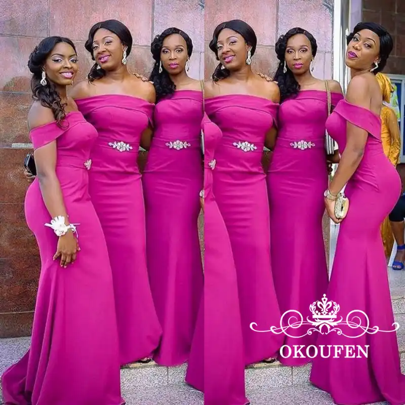Fuchsia Mermaid Bridesmaid Dresses With Beads Crystal Off Shoulder