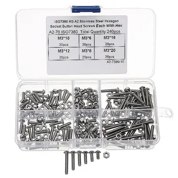 240Pcs/Set M3SH2 M3 304 Stainless Steel Hex Socket Button Head Cap Screws Bolts Nuts Assortment Kit with Box 4/6/8/12/16/20mm
240Pcs/Set M3SH2 M3 304 Stainless Steel Hex Socket Button Head Cap Screws Bolts Nuts Assortment Kit with Box 4/6/8/12/16/20mm