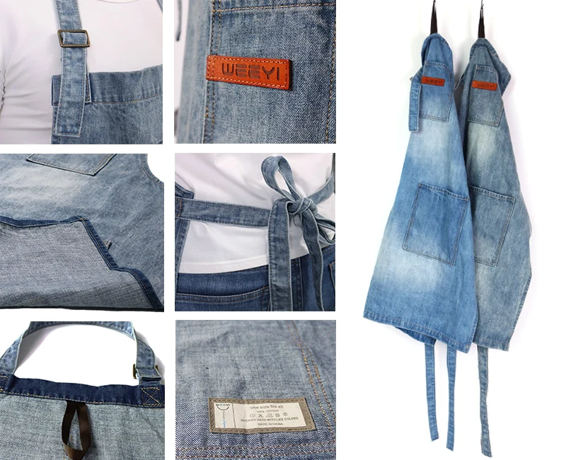 WEEYI Washable Shop Denim Apron with 3 Pockets Unisex Fits Small to XXL Vintage Blue Homewear Workwear 34x27 Inches (8)