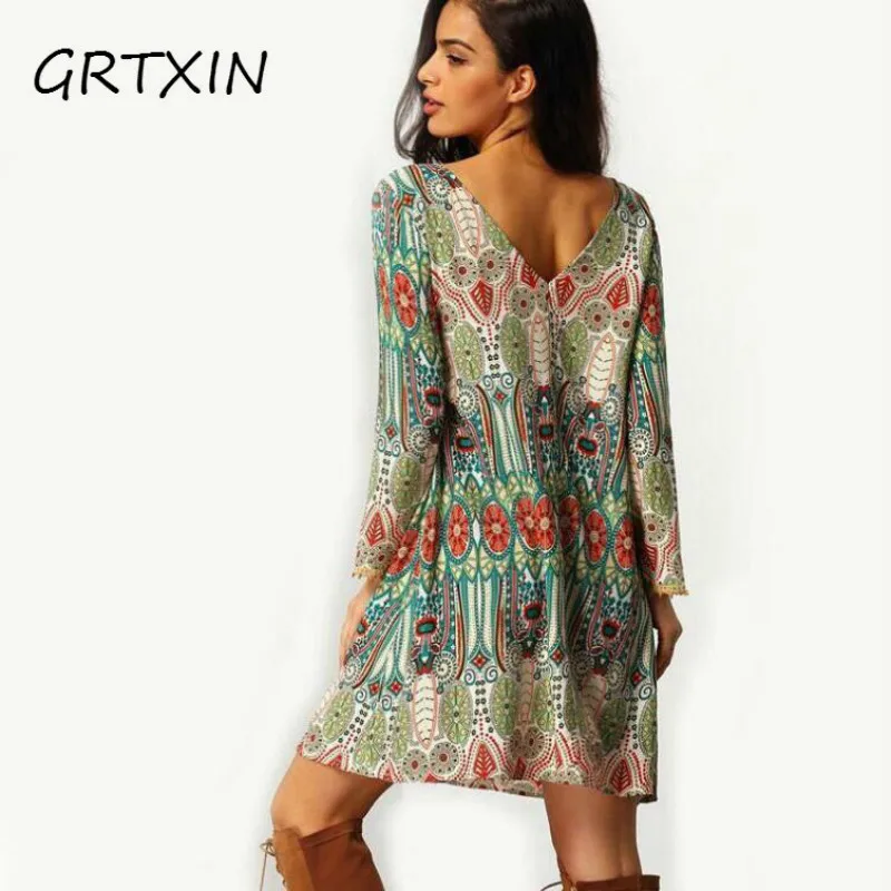Женское винтажное платье с длинным рукавом Boho элегантное короткое платье-туника