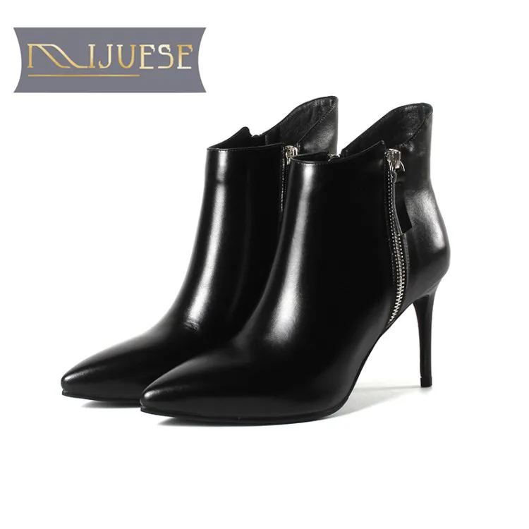 MLJUESE 2019 women ankle boots cow leather zippers pointed toe high heels boots winter short plush warm boots size 33- 43 
MLJUESE 2019 women ankle boots cow leather zippers pointed toe high heels boots winter short plush warm boots size 33- 43
