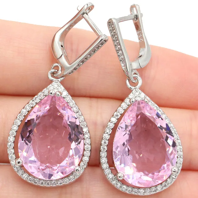 

SheCrown 20x15mm Water Drop Pink Kunzite White CZ Gift Girls Silver Earrings 43x19mm