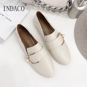 2019 New Leather Womens Shoes Flats Pearl Women Leather Shoes Loafers 2cm