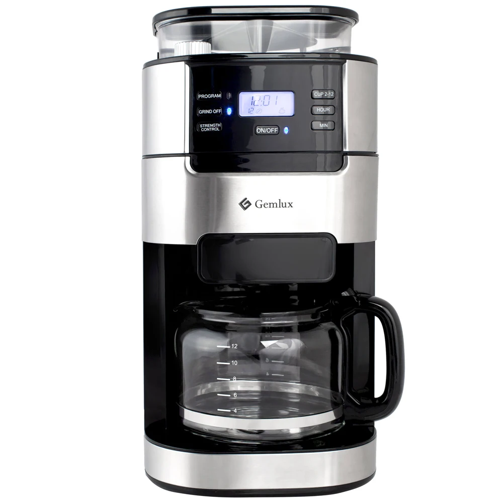 Кофеварка GEMLUX GL-CM-77 (Мощность 1050 Вт, объем 1.5 л, капельная, встроенная кофемолка с бункером на 200 г, подогрев готового напитка , ЖК-дисплей, отложенный старт)