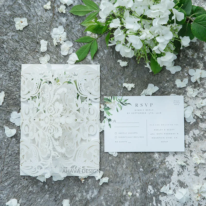 Evelyn'S Garden-Lush Greenery Inspired Invitation With Ivory Shimmer Laser Cut Wrap
Evelyn'S Garden-Lush Greenery Inspired Invitation With Ivory Shimmer Laser Cut Wrap