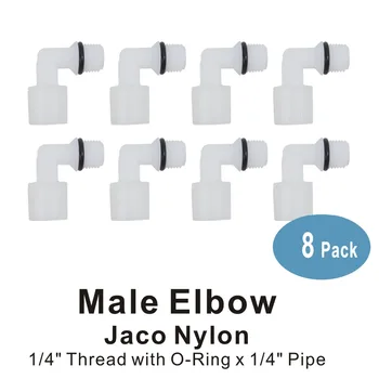 Jaco Nylon Elbow Connector 1/4" thread Male x 1/4" Tube Fittings for Water Filters and RO Systems - 8 PACK
Jaco Nylon Elbow Connector 1/4" thread Male x 1/4" Tube Fittings for Water Filters and RO Systems - 8 PACK