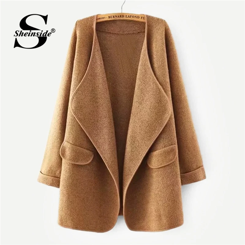 

Sheinside Camel Solid Waterfall Cuffed Sweater Cardigan Women Long Sleeve Outerwear Clothes Autumn 2018 Casual Ladies Long Coat